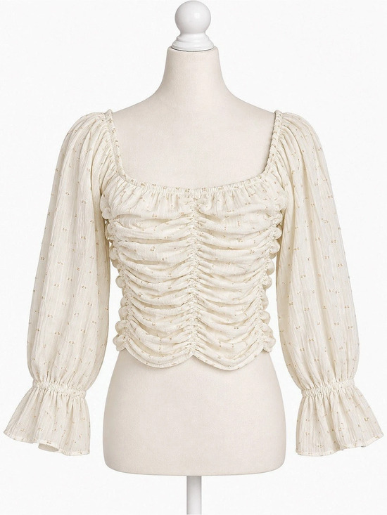 Zara Tops - Zara M Ivory Swiss Dot Ruched Crop Top Bell Sleeve Square Neck Boho Cottagecore